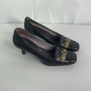 Cole Haan Black Leather Mid Heel Pumps with Gold Buckle